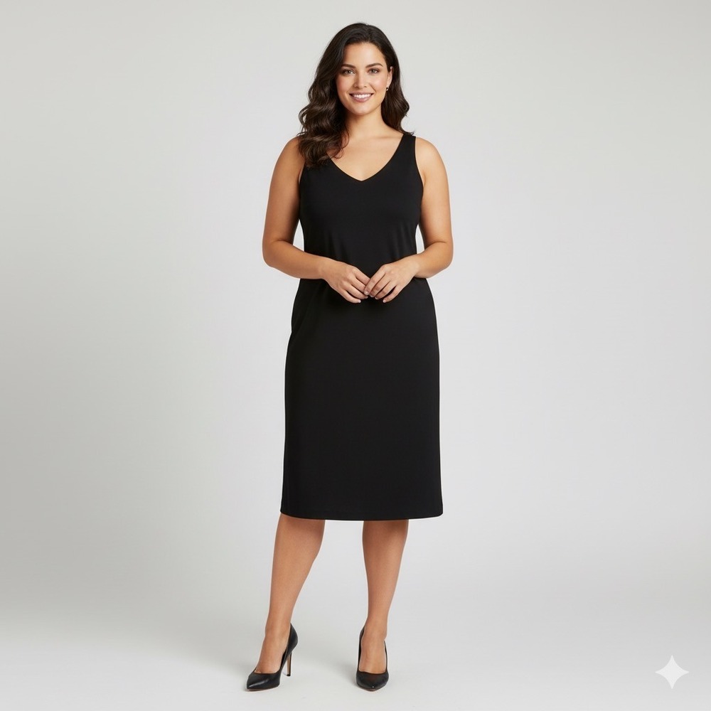 Eileen Fisher Dress Women Large Viscose Stretch Ponte Knit Sleeveless Black LBD